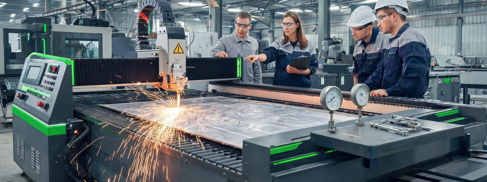 Fabrication team around a cutting table